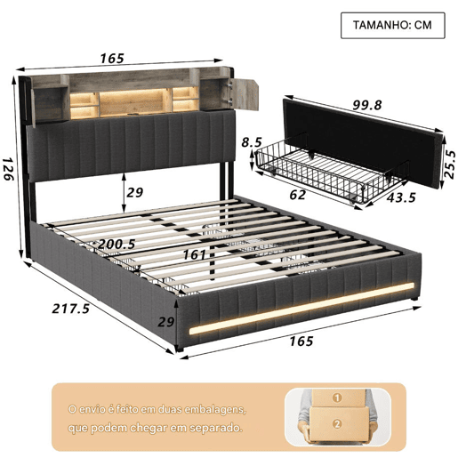 Cama de casal 160x200 cm, cinzenta (com porta USB), cama juvenil, 4 gavetas, LED, cama com arrumação Cama de casal 160x200 cm, cinzenta (com porta USB), cama juvenil, 4 gavetas, LED, cama com arrumação