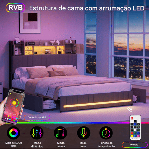 Cama de casal 160x200 cm, cinzenta (com porta USB), cama juvenil, 4 gavetas, LED, cama com arrumação Cama de casal 160x200 cm, cinzenta (com porta USB), cama juvenil, 4 gavetas, LED, cama com arrumação