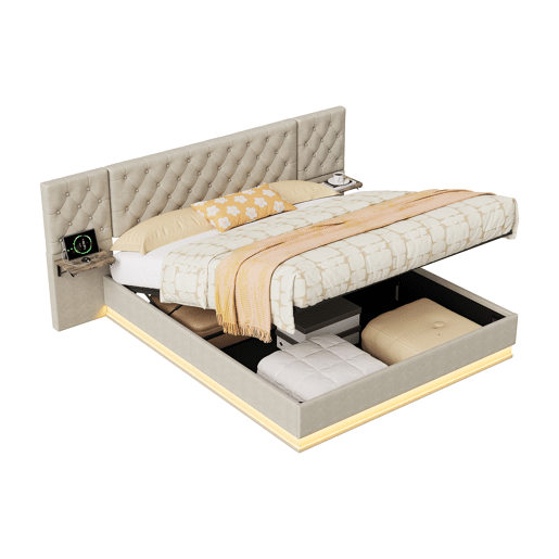 Cama de casal, 140x200cm, com funções de carregamento LED, USB, Tipo-C e sem fios com estrado de ripas tecido de linho, Beige Cama de casal, 140x200cm, com funções de carregamento LED, USB, Tipo-C e sem fios com estrado de ripas tecido de linho, Beige