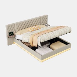 Cama de casal, 140x200cm, com funções de carregamento LED, USB, Tipo-C e sem fios com estrado de ripas tecido de linho, Beige