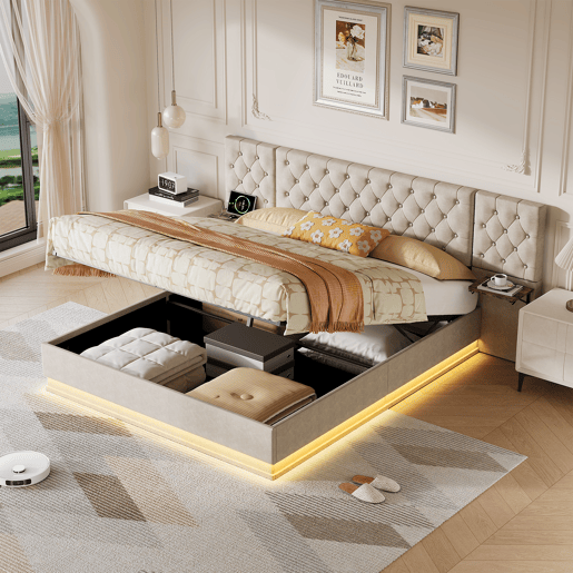 Cama de casal, 140x200cm, com funções de carregamento LED, USB, Tipo-C e sem fios com estrado de ripas tecido de linho, Beige Cama de casal, 140x200cm, com funções de carregamento LED, USB, Tipo-C e sem fios com estrado de ripas tecido de linho, Beige