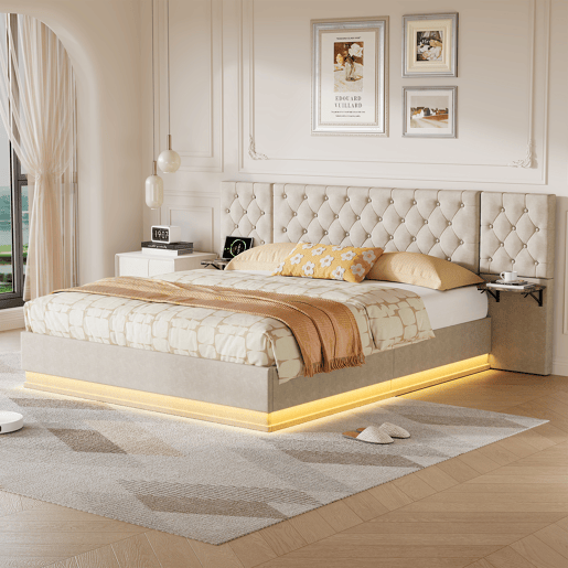 Cama de casal, 140x200cm, com funções de carregamento LED, USB, Tipo-C e sem fios com estrado de ripas tecido de linho, Beige Cama de casal, 140x200cm, com funções de carregamento LED, USB, Tipo-C e sem fios com estrado de ripas tecido de linho, Beige