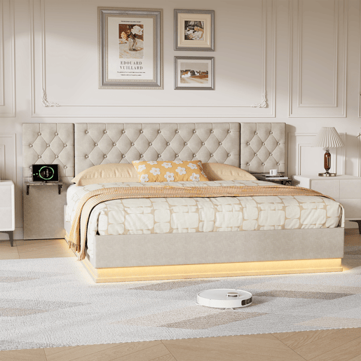 Cama de casal, 140x200cm, com funções de carregamento LED, USB, Tipo-C e sem fios com estrado de ripas tecido de linho, Beige Cama de casal, 140x200cm, com funções de carregamento LED, USB, Tipo-C e sem fios com estrado de ripas tecido de linho, Beige