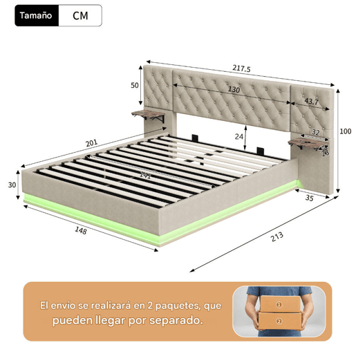 Cama de casal, 140x200cm, com funções de carregamento LED, USB, Tipo-C e sem fios com estrado de ripas tecido de linho, Beige Cama de casal, 140x200cm, com funções de carregamento LED, USB, Tipo-C e sem fios com estrado de ripas tecido de linho, Beige
