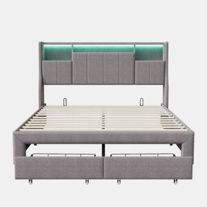 Cama de casal de 140x200 cm, cama com espaço de arrumação, luzes LED, cama com gavetas