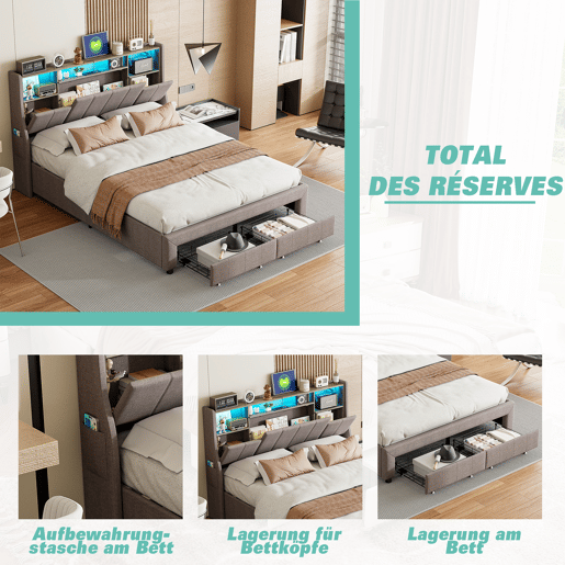 Cama de casal de 140x200 cm, cama com espaço de arrumação, luzes LED, cama com gavetas