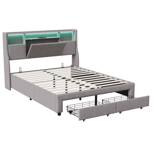 Cama de casal de 140x200 cm, cama com espaço de arrumação, luzes LED, cama com gavetas