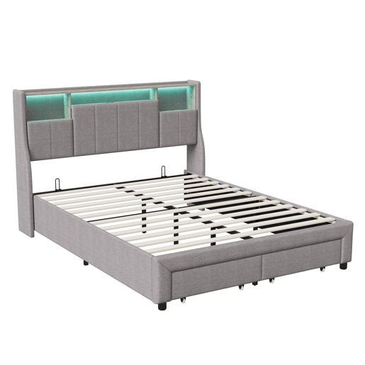 Cama de casal de 140x200 cm, cama com espaço de arrumação, luzes LED, cama com gavetas