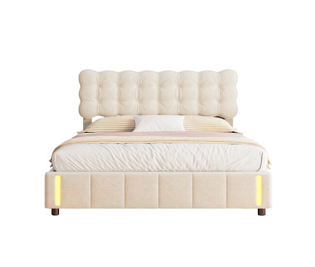 Cama doble (140x190 cm), color beige, terciopelo, iluminación led, somier de láminas y espacio de almacenamiento.