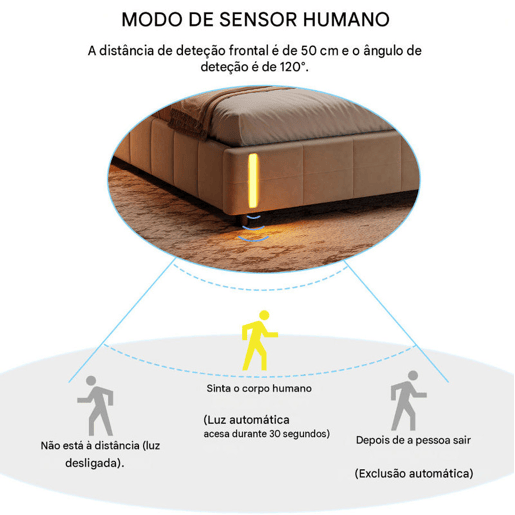 Cama de casal (140x190 cm), cor Beige, veludo, iluminação LED, estrado de ripas e espaço de arrumação