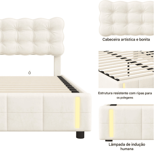 Cama de casal (140x190 cm), cor Beige, veludo, iluminação LED, estrado de ripas e espaço de arrumação