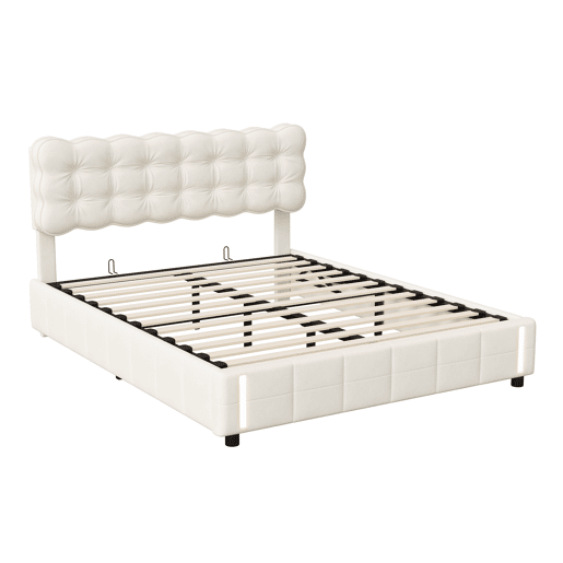 Cama de casal (140x190 cm), cor Beige, veludo, iluminação LED, estrado de ripas e espaço de arrumação