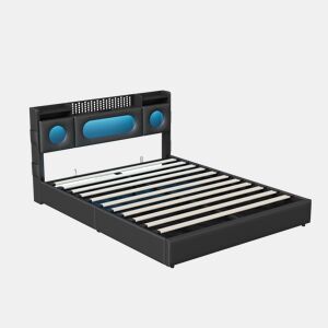 Cama de casal de 140×200 cm, LED, USB, Tipo-C, cabeceira elevável com espaço de arrumação e baú por baixo da cama: cama de estilo moderno, cor preta