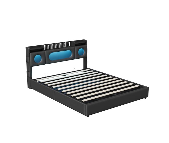 Cama doble de 140×200 cm, led, usb, tipo-c, cabecero elevable con espacio de almacenamiento y caja de almacenamiento bajo la cama: cama de dormitorio