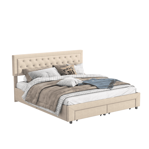 Cama de casal (160x200 cm) com estofo em veludo Beige cama com sistema de elevação hidráulica, contendo um compartimento de arrumação e duas gavetas