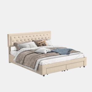 Cama de casal (160x200 cm) com estofo em veludo Beige cama com sistema de elevação hidráulica, contendo um compartimento de arrumação e duas gavetas