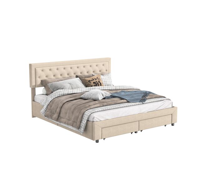 Cama doble (160x200 cm) tapizada en terciopelo beige; cama con almacenamiento hidráulico que incluye un compartimento de almacenaje y dos cajones