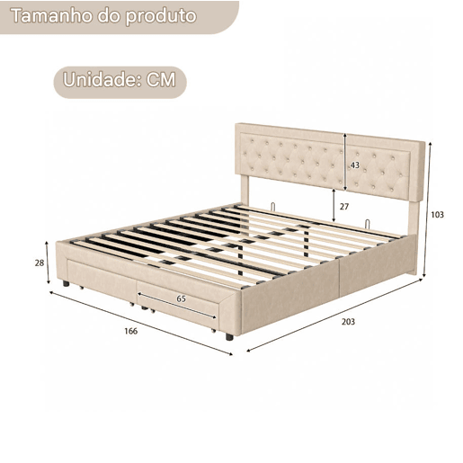 Cama de casal (160x200 cm) com estofo em veludo Beige cama com sistema de elevação hidráulica, contendo um compartimento de arrumação e duas gavetas