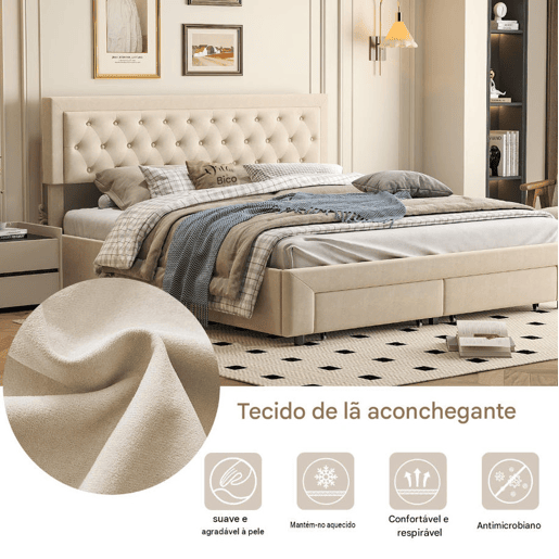 Cama de casal (160x200 cm) com estofo em veludo Beige cama com sistema de elevação hidráulica, contendo um compartimento de arrumação e duas gavetas