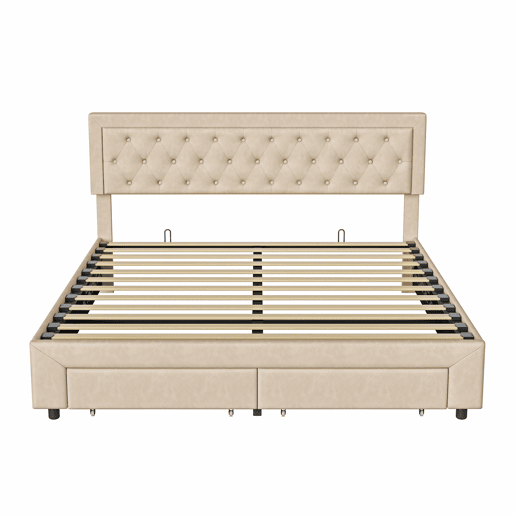 Cama de casal (160x200 cm) com estofo em veludo Beige cama com sistema de elevação hidráulica, contendo um compartimento de arrumação e duas gavetas
