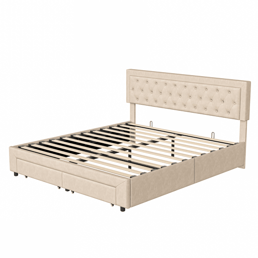 Cama de casal (160x200 cm) com estofo em veludo Beige cama com sistema de elevação hidráulica, contendo um compartimento de arrumação e duas gavetas