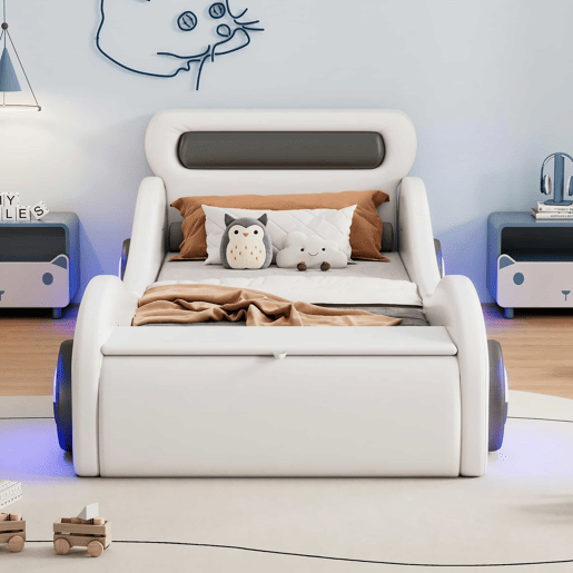 Cama infantil estofada 90 x 200 cm u2013 design de carro com rodas luminosas e espaço de arrumação, sem colchão u2013 branca