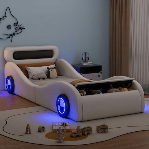 Cama infantil estofada 90 x 200 cm u2013 design de carro com rodas luminosas e espaço de arrumação, sem colchão u2013 branca
