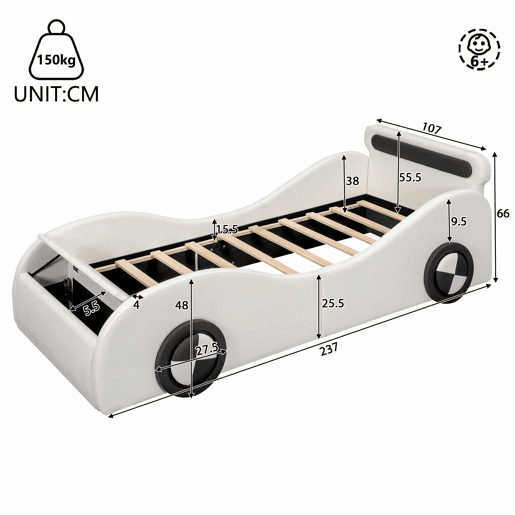 Cama infantil estofada 90 x 200 cm u2013 design de carro com rodas luminosas e espaço de arrumação, sem colchão u2013 branca