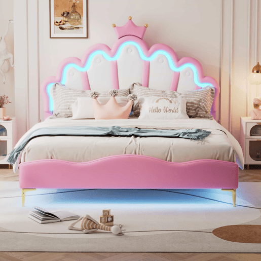 Cama de casal estofada 140 x 200 cm u2013 design com coroa e LED regulável u2013 rosa