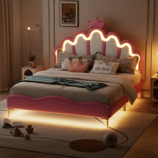 Cama de casal estofada 140 x 200 cm u2013 design com coroa e LED regulável u2013 rosa