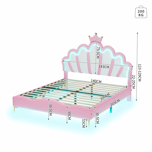 Cama de casal estofada 140 x 200 cm u2013 design com coroa e LED regulável u2013 rosa