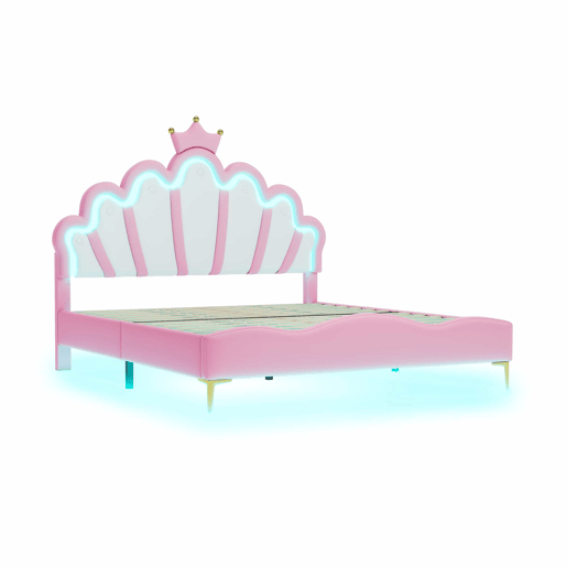 Cama de casal estofada 140 x 200 cm u2013 design com coroa e LED regulável u2013 rosa