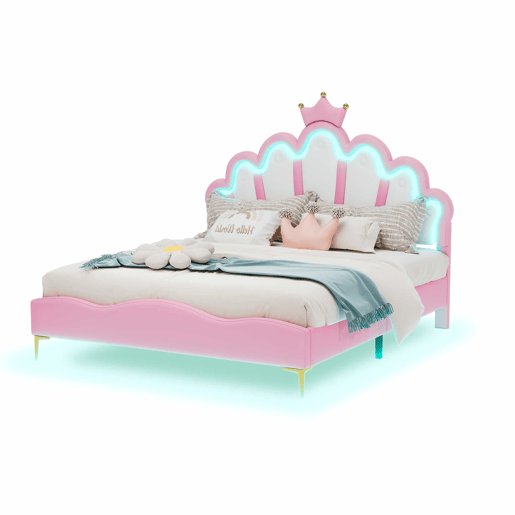 Cama de casal estofada 140 x 200 cm u2013 design com coroa e LED regulável u2013 rosa
