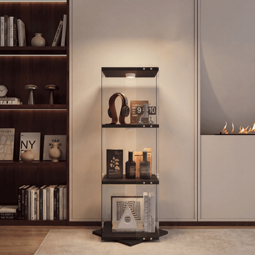 Armário Expositor Preto com LED 38x38x121 cm, 3 prateleiras giratórias, vitrine em vidro com iluminação LED, proteção anti-tombamento Armário Expositor Preto com LED 38x38x121 cm, 3 prateleiras giratórias, vitrine em vidro com iluminação LED, proteção anti-tombamento