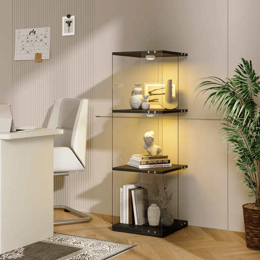Armário Expositor Preto com LED 38x38x121 cm, 3 prateleiras giratórias, vitrine em vidro com iluminação LED, proteção anti-tombamento Armário Expositor Preto com LED 38x38x121 cm, 3 prateleiras giratórias, vitrine em vidro com iluminação LED, proteção anti-tombamento