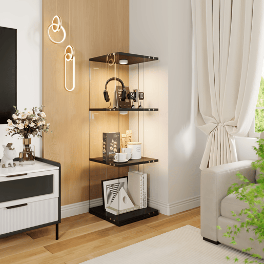 Armário Expositor Preto com LED 38x38x121 cm, 3 prateleiras giratórias, vitrine em vidro com iluminação LED, proteção anti-tombamento Armário Expositor Preto com LED 38x38x121 cm, 3 prateleiras giratórias, vitrine em vidro com iluminação LED, proteção anti-tombamento