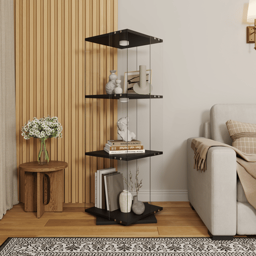 Armário Expositor Preto com LED 38x38x121 cm, 3 prateleiras giratórias, vitrine em vidro com iluminação LED, proteção anti-tombamento Armário Expositor Preto com LED 38x38x121 cm, 3 prateleiras giratórias, vitrine em vidro com iluminação LED, proteção anti-tombamento