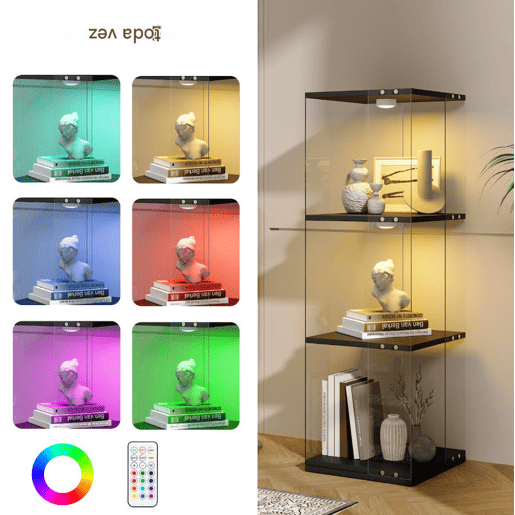 Armário Expositor Preto com LED 38x38x121 cm, 3 prateleiras giratórias, vitrine em vidro com iluminação LED, proteção anti-tombamento Armário Expositor Preto com LED 38x38x121 cm, 3 prateleiras giratórias, vitrine em vidro com iluminação LED, proteção anti-tombamento