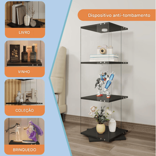 Armário Expositor Preto com LED 38x38x121 cm, 3 prateleiras giratórias, vitrine em vidro com iluminação LED, proteção anti-tombamento Armário Expositor Preto com LED 38x38x121 cm, 3 prateleiras giratórias, vitrine em vidro com iluminação LED, proteção anti-tombamento