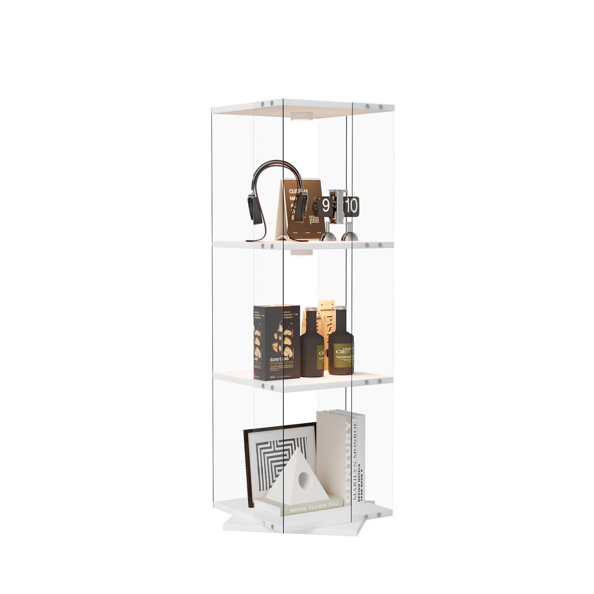 Vitrina expositora led blanca (38x38x121 cm) con 3 estantes giratorios, iluminación rgb con mando a distancia y sistema antivuelco