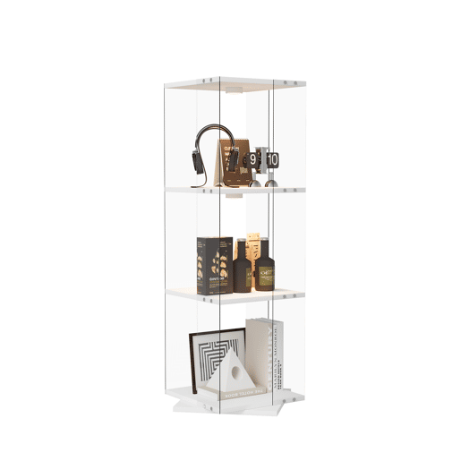 Vitrine de LED branca (38x38x121 cm), com 3 prateleiras giratórias, equipada com iluminação RGB controlada por controle remoto e proteção anti-tombamento Vitrine de LED branca (38x38x121 cm), com 3 prateleiras giratórias, equipada com iluminação RGB controlada por controle remoto e proteção anti-tombamento