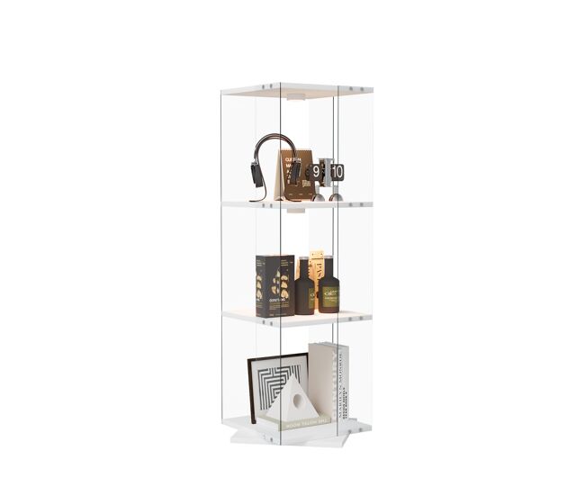 Vitrina expositora led blanca (38x38x121 cm) con 3 estantes giratorios, iluminación rgb con mando a distancia y sistema antivuelco