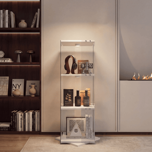 Vitrine de LED branca (38x38x121 cm), com 3 prateleiras giratórias, equipada com iluminação RGB controlada por controle remoto e proteção anti-tombamento Vitrine de LED branca (38x38x121 cm), com 3 prateleiras giratórias, equipada com iluminação RGB controlada por controle remoto e proteção anti-tombamento