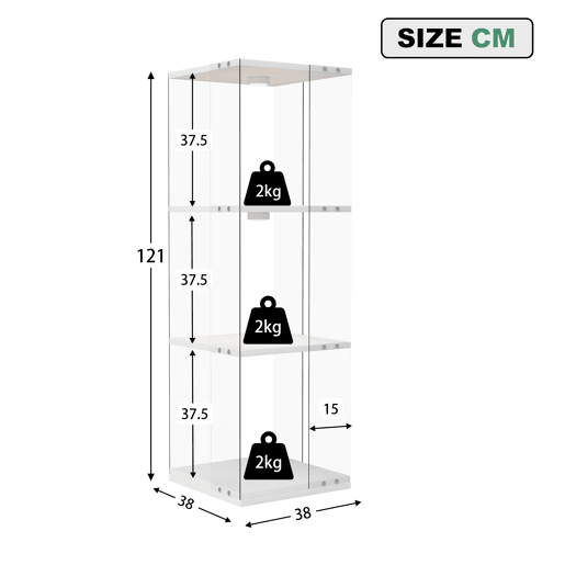 Vitrine de LED branca (38x38x121 cm), com 3 prateleiras giratórias, equipada com iluminação RGB controlada por controle remoto e proteção anti-tombamento Vitrine de LED branca (38x38x121 cm), com 3 prateleiras giratórias, equipada com iluminação RGB controlada por controle remoto e proteção anti-tombamento