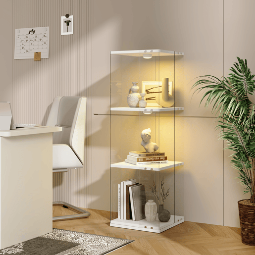 Vitrine de LED branca (38x38x121 cm), com 3 prateleiras giratórias, equipada com iluminação RGB controlada por controle remoto e proteção anti-tombamento Vitrine de LED branca (38x38x121 cm), com 3 prateleiras giratórias, equipada com iluminação RGB controlada por controle remoto e proteção anti-tombamento