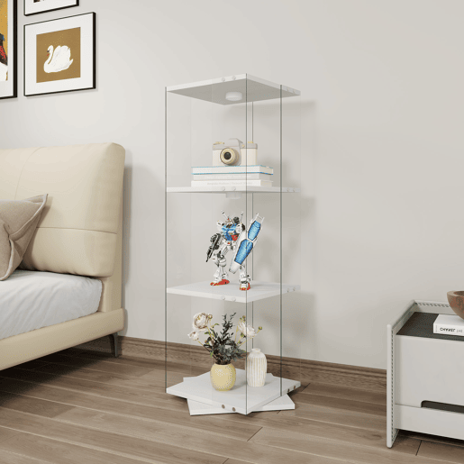 Vitrine de LED branca (38x38x121 cm), com 3 prateleiras giratórias, equipada com iluminação RGB controlada por controle remoto e proteção anti-tombamento Vitrine de LED branca (38x38x121 cm), com 3 prateleiras giratórias, equipada com iluminação RGB controlada por controle remoto e proteção anti-tombamento