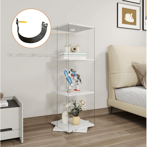 Vitrine de LED branca (38x38x121 cm), com 3 prateleiras giratórias, equipada com iluminação RGB controlada por controle remoto e proteção anti-tombamento Vitrine de LED branca (38x38x121 cm), com 3 prateleiras giratórias, equipada com iluminação RGB controlada por controle remoto e proteção anti-tombamento