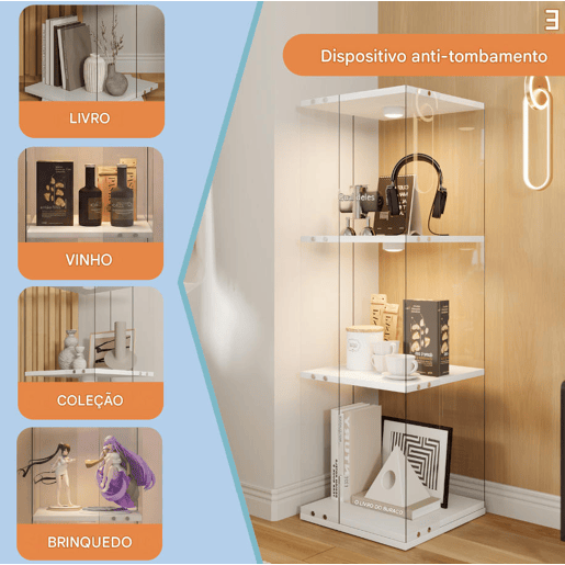Vitrine de LED branca (38x38x121 cm), com 3 prateleiras giratórias, equipada com iluminação RGB controlada por controle remoto e proteção anti-tombamento Vitrine de LED branca (38x38x121 cm), com 3 prateleiras giratórias, equipada com iluminação RGB controlada por controle remoto e proteção anti-tombamento