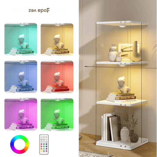 Vitrine de LED branca (38x38x121 cm), com 3 prateleiras giratórias, equipada com iluminação RGB controlada por controle remoto e proteção anti-tombamento Vitrine de LED branca (38x38x121 cm), com 3 prateleiras giratórias, equipada com iluminação RGB controlada por controle remoto e proteção anti-tombamento