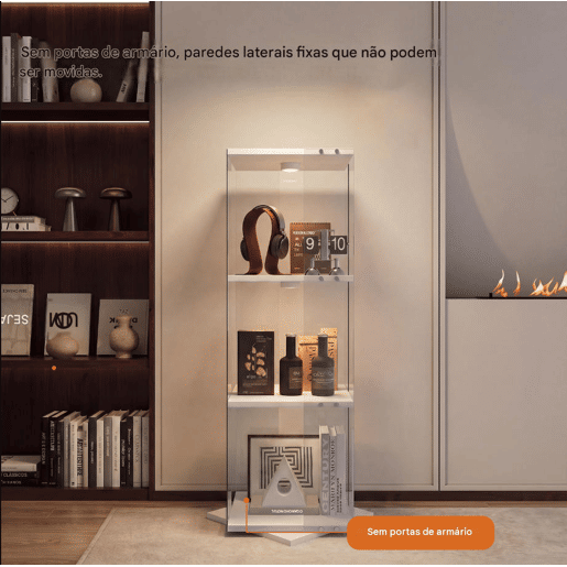 Vitrine de LED branca (38x38x121 cm), com 3 prateleiras giratórias, equipada com iluminação RGB controlada por controle remoto e proteção anti-tombamento Vitrine de LED branca (38x38x121 cm), com 3 prateleiras giratórias, equipada com iluminação RGB controlada por controle remoto e proteção anti-tombamento